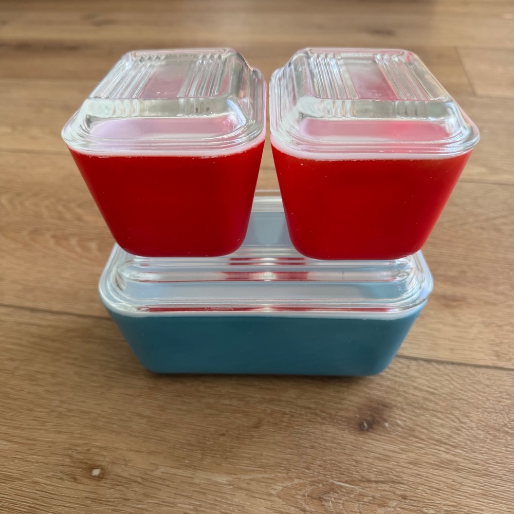 Vintage Pyrex Primary Colors Refrigerator Dishes 502 Turquoise 501 Red Set of 3